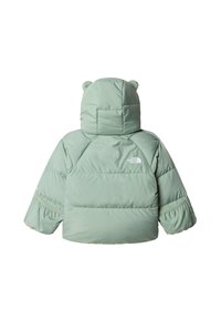 Green puffer jacket with a playful bear-ear hood, quilted design, and elasticized sleeves. Features the North Face logo on the back.
