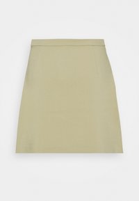 Jupe beige droite avec une taille fine et des détails de couture latérale sur un fond blanc uni.