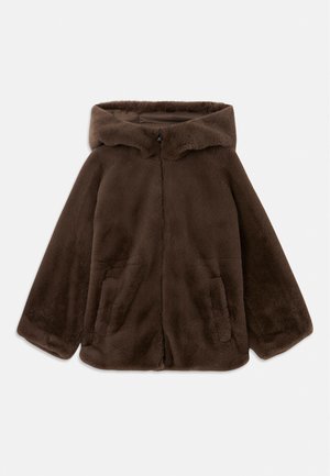 Brown faux fur hooded jacket with front zipper and side pockets, shown laid flat on a white background.
