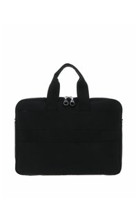 Sacoche d'ordinateur portable noire en tissu texturé, dotée de deux poignées supérieures, d'une fermeture éclair et d'une poche avant avec des sangles horizontales pour un rangement supplémentaire.