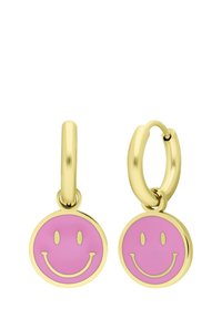 Gouden oorringen met roze smiley face charms met een glanzende afwerking, omlijnd met gouden accenten. Eenvoudig, cirkelvormig ontwerp.