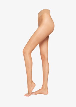Beige sheer tights with a smooth texture, high waistband, and a seamless design, showcased on a single leg and foot.