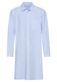 Camicia button-up a manica lunga di colore azzurro chiaro con motivo a quadri bianchi, taschino singolo sul petto e maniche con polsini. Realizzata in tessuto liscio.