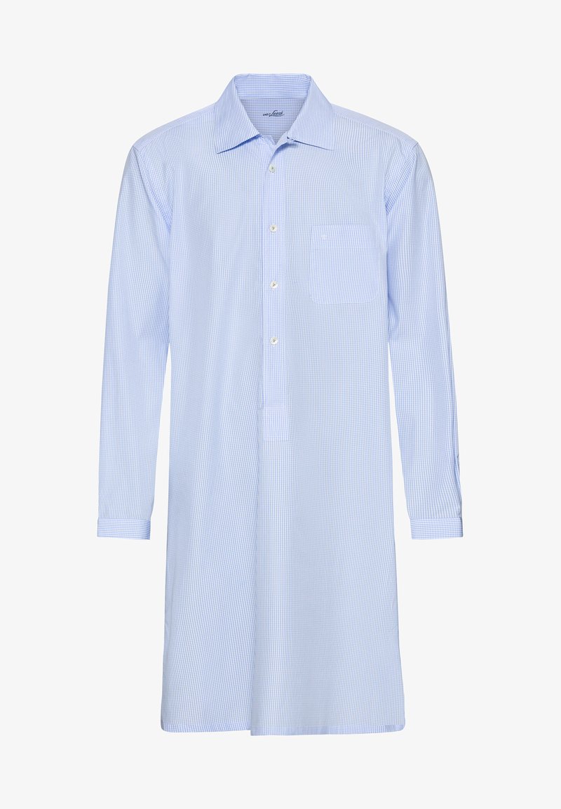 Camicia button-up a manica lunga di colore azzurro chiaro con motivo a quadri bianchi, taschino singolo sul petto e maniche con polsini. Realizzata in tessuto liscio.