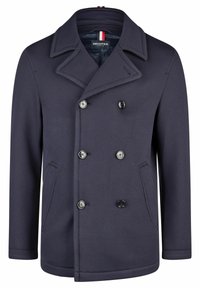 Marineblauer doppelt geknöpfter Peacoat aus strukturiertem Stoff, mit großen schwarzen Knöpfen, Reverskragen und Seitentaschen.