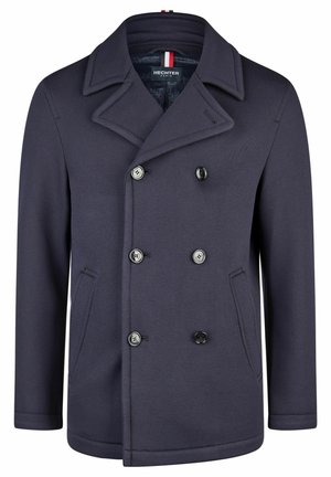 Marineblauwe dubbelgeknoopte peacoat gemaakt van textuurstof, met grote zwarte knopen, gesneden revers en zijzakken.