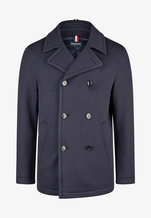 Marineblauwe dubbelgeknoopte peacoat gemaakt van textuurstof, met grote zwarte knopen, gesneden revers en zijzakken.