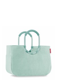 Mintgrüne Tasche mit geriffelter Textur, ausgestattet mit zwei abgerundeten Kunststoffgriffen und einer Seitentasche. Einfache, rechteckige Form mit glatten Kanten.