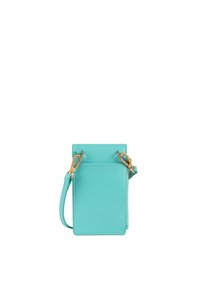 Sac bandoulière en cuir turquoise avec ferrures dorées, de forme rectangulaire, avec une sangle ajustable et une texture lisse. Présente un fermoir à rabat supérieur.