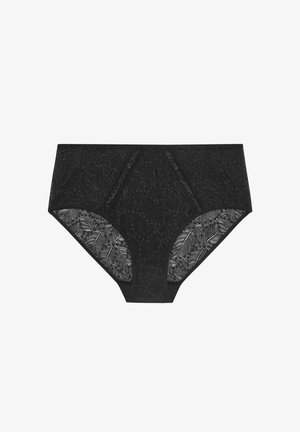 Mutande da donna nere a vita alta con motivo floreale in pizzo intricato, caratterizzate da tessuto in rete semi-trasparente e design a copertura totale.