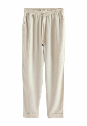 Beige Leinen-Hosen mit Kordelzug, elastischem Bund, Seitentaschen und umgeschlagenen Saumen, dargestellt vor weißem Hintergrund.