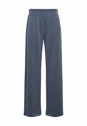 Donkergrijze broek met wijde pijpen, een elastische tailleband en zijzakken, ontworpen voor casual of comfortabel dragen.