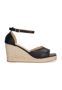 Sandalia cuña negra con tacón cubierto de yute, punta abierta y correa ajustable en el tobillo. Presenta parte superior de cuero suave y suela texturizada.
