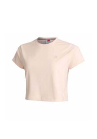  Lichtroze cropped t-shirt met korte mouwen en ronde hals, met een klein geborduurd logo op de linkerborst.