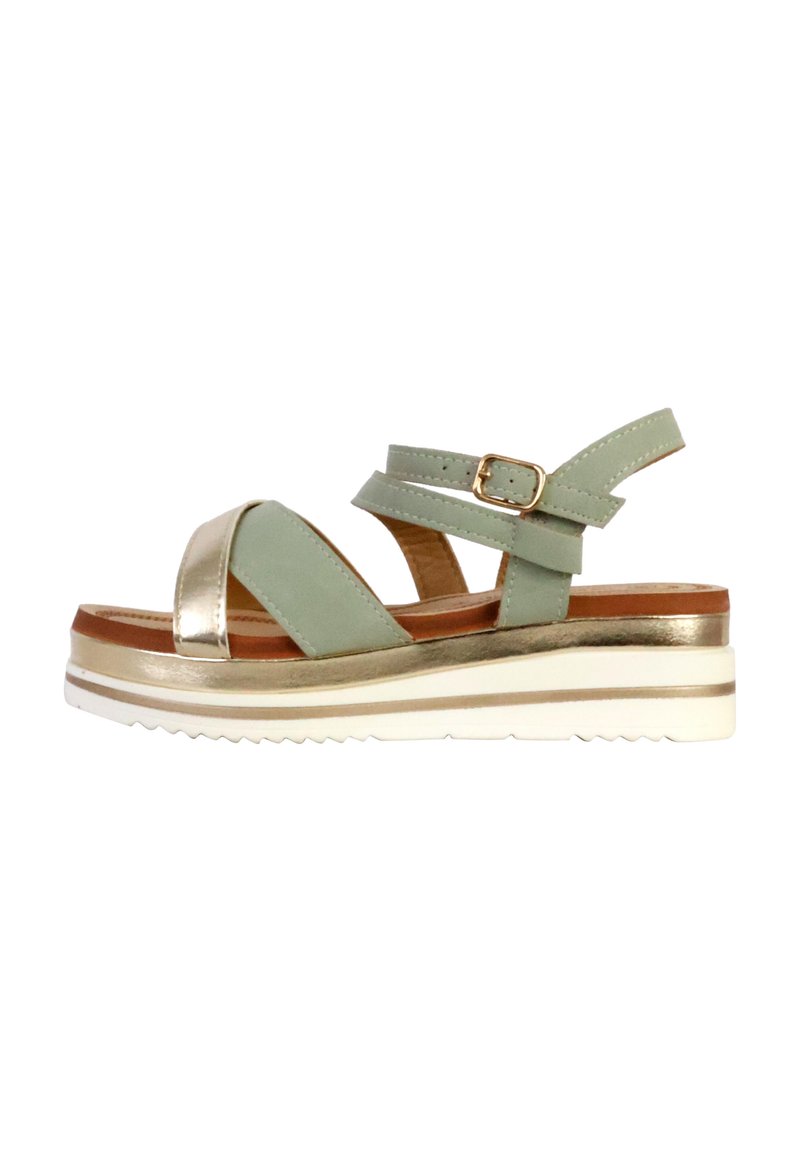 Grüne und goldene Riemchensandalen mit einem breiten Band, einem Mittelhohen Keil und einer strukturierten weißen Sohle. Mit einer Schnalle und geschichteten Akzenten.