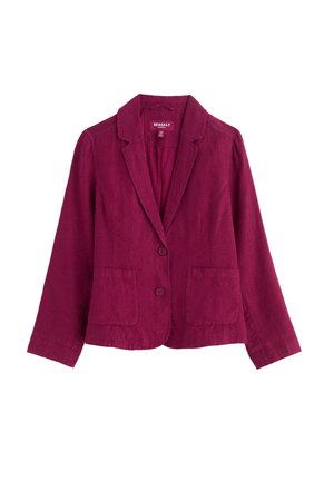 Blazer ajusté pour femmes de couleur rose fuchsia, avec deux boutons à l'avant et des poches plaquées, doté d'un col cranté et de manches longues.