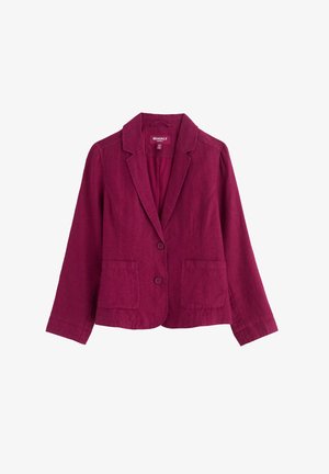 Blazer ajusté pour femmes de couleur rose fuchsia, avec deux boutons à l'avant et des poches plaquées, doté d'un col cranté et de manches longues.