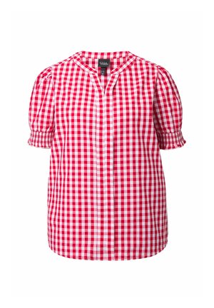 Rood-witte geruite blouse met een V-hals, korte pofmouwen en gathered manchetten. Knopsluiting aan de voorkant en rechte zoom. Katoenen stof.