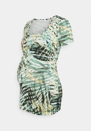 Maternity dress with a scoop neckline, short sleeves, and green tropical leaf print. Features a tied waist detail and soft fabric.
