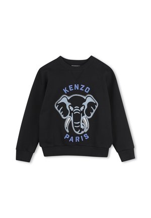 Sudadera negra con un gran gráfico de cabeza de elefante en azul claro y texto "KENZO PARIS" impreso encima y debajo del diseño.