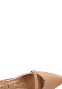 Zapato beige de punta fina hecho de cuero liso con una correa en el tobillo y hebilla de tono dorado para cierre, con un diseño elegante y minimalista.