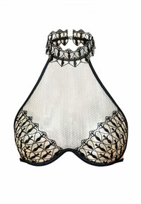 Spitzen-Bralette mit hohem Ausschnitt, ausgestattet mit einem durchsichtigen Mesh-Körper, schwarzem Spitzenbesatz und dekorativen Herzmustern entlang der Ränder.