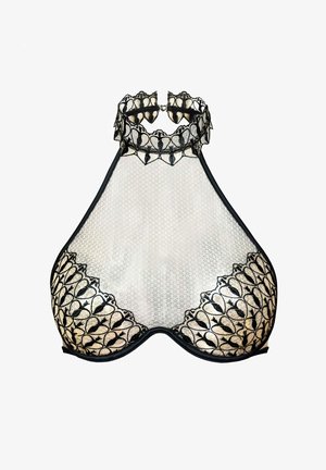 Spitzen-Bralette mit hohem Ausschnitt, ausgestattet mit einem durchsichtigen Mesh-Körper, schwarzem Spitzenbesatz und dekorativen Herzmustern entlang der Ränder.