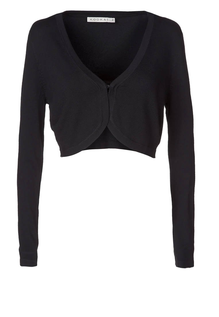 Černý zkrácený kardigan s dlouhými rukávy, který má výstřih do V a zaoblené přední zapínání. Měkká tkanina s hladkou strukturou.