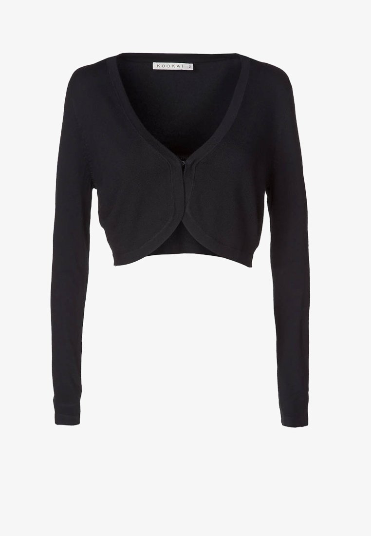 Černý zkrácený kardigan s dlouhými rukávy, který má výstřih do V a zaoblené přední zapínání. Měkká tkanina s hladkou strukturou.