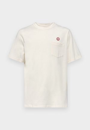 Cream-colored cotton t-shirt with short sleeves, round neckline, a chest pocket, and a small logo on the left side.