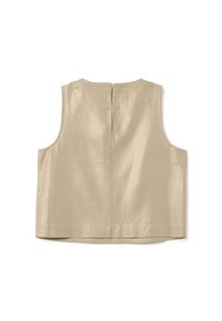 Haut sans manches beige en tissu texturé. Il présente une coupe droite, un éclat subtil, et une fermeture éclair au centre du dos.
