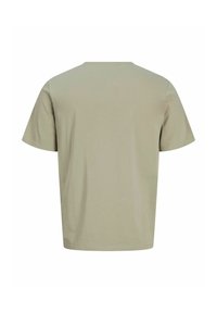 Hellgrünes T-Shirt mit kurzen Ärmeln und Rundhalsausschnitt; glattes Baumwollgewebe; lässige Passform; keine sichtbaren Logos oder Muster auf der Rückseite.