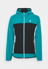 Groenblauw en zwart capuchonjack met witte accenten. Voorzien van een volledige ritssluiting, twee zijzakken en een logo op de borst. Zachte, gladde textuur.