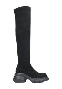Černé kozačky do půli lýtek vyrobené z jemného semiše. Mají masivní černou gumovou podrážku a elegantní, hladký design s minimálním prošíváním.