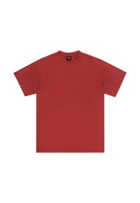 Czerwona bawełniana koszulka z okrągłym dekoltem i krótkimi rękawami. Posiada subtelne logo wyhaftowane ciemnoczerwonym kolorem na piersi.