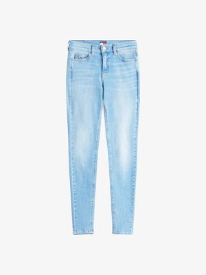 Light blue skinny jeans made of denim, featuring a button and zipper closure, two front pockets, and a faded wash pattern.