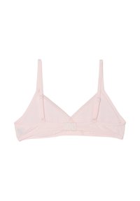 Bralette rosa chiaro con spalline regolabili, coppe triangolari, chiusura a gancio sul retro e una texture morbida e liscia. Senza imbottitura né ferretto.