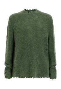 Zielony, oversize'owy sweter z teksturowanej tkaniny, z okrągłym dekoltem i postrzępionym dołem, ozdobiony prążkowanymi detalami na korpusie i rękawach.