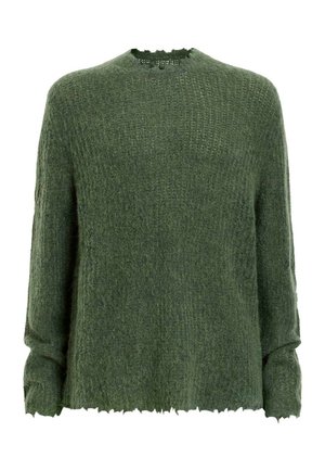 Maglione verde oversize realizzato in tessuto testurizzato, con scollatura rotonda e orlo sfrangiato, dettagli a costine sul corpo e sulle maniche.