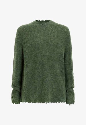 Vihreä ylisuurennettu neulepusero, joka on valmistettu teksturoidusta kankaasta. Puserossa on pyöreä kaula-aukko ja rispaantunut helma, sekä ribbikuviointi vartalossa ja hihoissa.