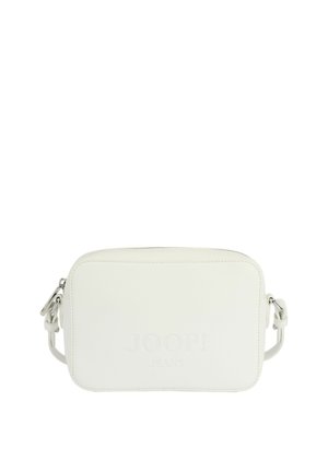 White leather crossbody bag with a smooth texture, rectangular shape, embossed logo, and adjustable strap with silver hardware accents.
