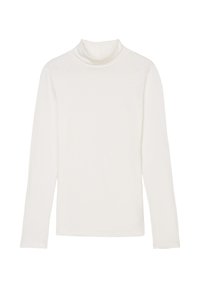 Garās piedurknes turtlenecks tops balts. Izgatavots no mīkstas, gludas auduma ar pieguļošu siluetu un augstu kaklu. Nav redzamu rakstu vai akcentu.
