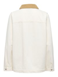 Veste écrue à manches longues avec col en velours côtelé beige, vue de dos avec poignets boutonnés et détails simples de coutures.