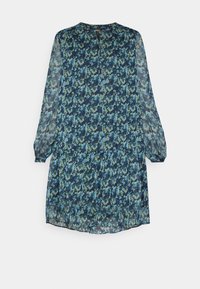 Robe à manches longues, longueur genou, imprimé floral bleu, vert et noir, encolure ronde et taille et poignets froncés.