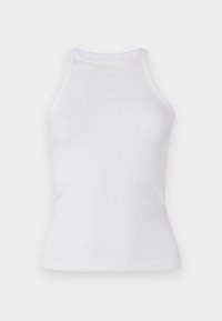 Weißes, geripptes Tanktop mit passgenauer Passform, rundem Halsausschnitt und ohne Ärmel. Hergestellt aus dehnbarem Stoff für Komfort und Bewegungsfreiheit.