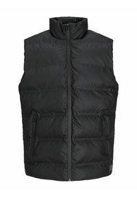 Sort puffer vest med høj krave, to lynlåslommer i siden og en central lynlås lukning. Har et quiltet design til isolering.