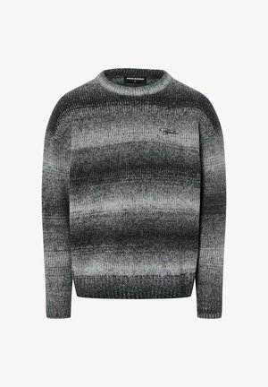 Gray knit sweater featuring a crew neck and long sleeves. The fabric displays a gradient pattern with varying shades of gray.