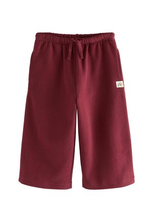 Pantaloni corti in felpa color bordeaux con vita elastica, cordino regolabile e tasche laterali; presenta una piccola toppa con logo sul davanti.