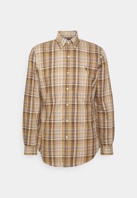 Camicia a maniche lunghe, con bottoni, in motivo plaid marrone e beige, con colletto classico e logo ricamato sul petto.
