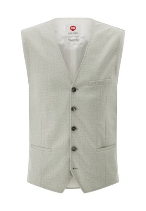 Hellgraue, ärmellose Weste aus strukturiertem Stoff, mit fünf schwarzen Knöpfen und einer Vorderseite Tasche links. Dezentes Karomuster durchgehend.